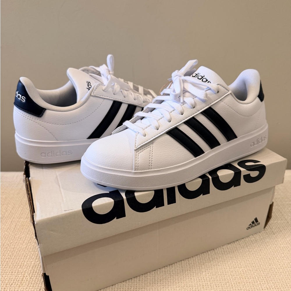 adidas Women Court 2.0 White Sneakers with Black Three-Stripes
